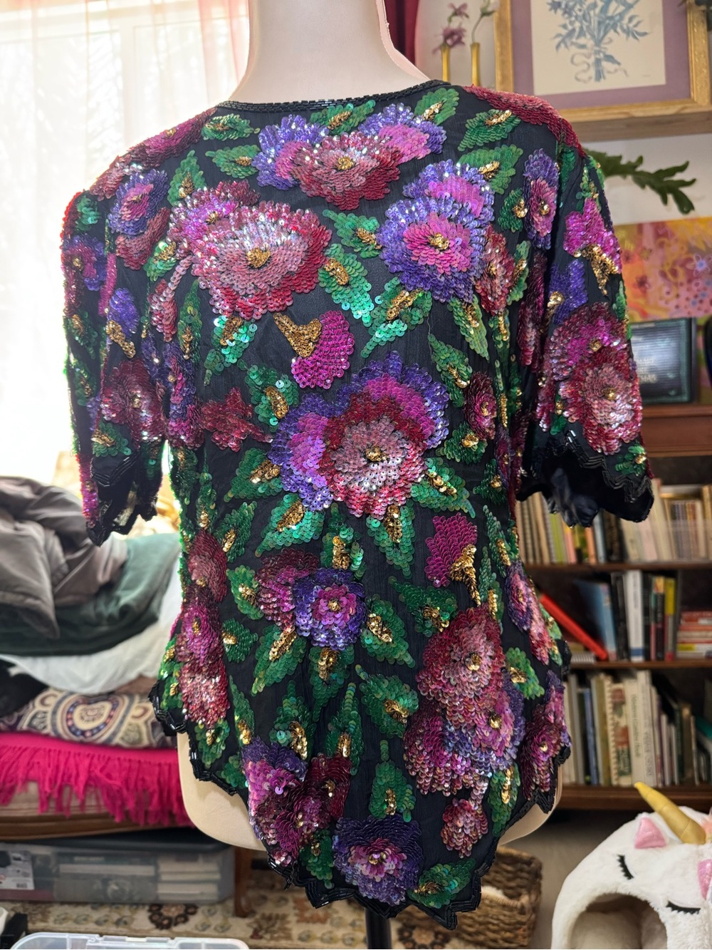 Vintage Laurence Kazar Silk Sequin Floral Beaded Blouse Black 80s 90s